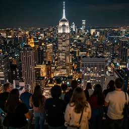 glowing diverse groups of humans city nights, from behind, wide angle, elaborate, highly detailed, beautiful lighting