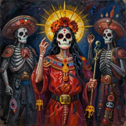 santa muerte being awakened by a mexican death cult through a ritual, by anton semenov and  h.r. giger and guillermo del torro in a surreal dark horror style, oil on canvas, 8k, hd, vibrant colors