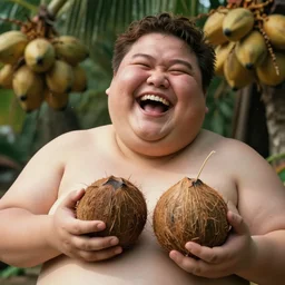 large obese person laughing and smiling, coconuts, highly detailed, sharp, cinematic, 8 k,