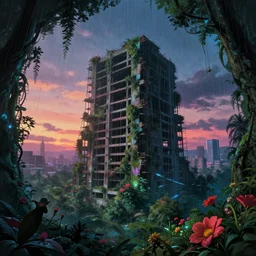 unfinished building by nicolas poussin, nature futuristic at dawn synthwave fisheye tokyo rainforest dramatic lighting flowers at dusk studio ghibli darkacademia laser vaporwave retrowave, archdaily, wallpaper, highly detailed, trending on artstation.