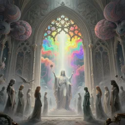 [ palate ] [ nebulous energy ] [ muted colors ] benevolent soul spirits congregating in front of an intricate giant gothic gateway, paisley pattern synapse clouds, god at the gate, vibrant neon nebulous clouds, symmetrical details, hyper realistic illustration, radiant light rays, photorealistic illustration, intricate and fine details, volumetric lighting, artstation