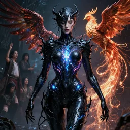 beautiful hyper detailed woman covered by black oil, intricate lights, venomize, phoenix, bio luminescent, plasma, by ruan jia and artgerm and range murata and wlop and ross tran and william - adolphe bouguereau and beeple. key art. fantasy illustration. award winning, artstation, intricate details, realistic, 8 k.