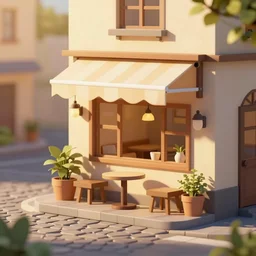 beautiful cute cozy very little cafe on a cobblestone street, golden morning light, low poly, simple cartoon