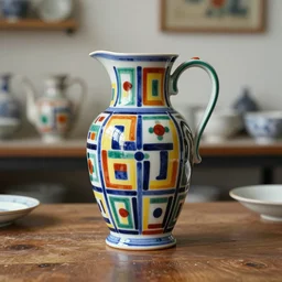 beautiful ceramics studio photograph of a tall colorful geometric symmetrical fancy porcelain pitcherglazed by paul klee and victor vasarely and placed on a polished wooden table, hyperrealism 8 k trending on artstation