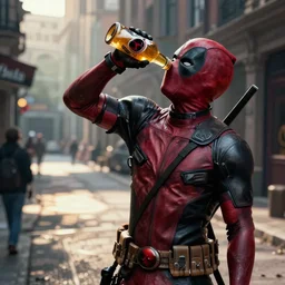 deadpool drinking beer from a bottle on the streets