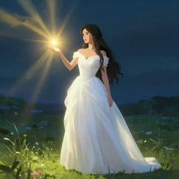 a ultra detail picture portrait of A beautiful woman in a flowing white gown stands before you, her long hair cascading down her back. She holds out her hand and a beam of light shines from her palm. vivid tones, wide angle, by miyazaki, nausicaa ghibli, breath of the wild, 8k, photorealistic,