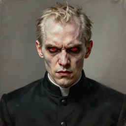 portrait painting of a badass angry young pale man with red eyes wearing a black cassock, ultra realistic, concept art, intricate details, eerie, highly detailed, photorealistic, octane render, 8 k, unreal engine. art by artgerm and greg rutkowski and charlie bowater and magali villeneuve and alphonse mucha