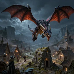 dnd wyvern attacking a village at night, fantasy art, artstation, realistic, 4 k