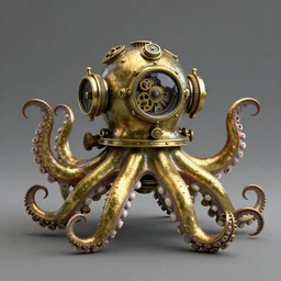 symmetrical brass steampunk octopus wearing a vintage diving helmet. clockwork. gears, pipes. goggles. rivets. unreal engine. octane render. highly detailed.