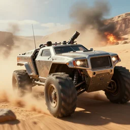 macro closeup photo of combat teslatruck being chased in a post apocalyptic fallout 4 desert, 3 pm, smoke, dust, embers, mad max, action, speed, rocket league, volumetric lighting, hdr, need for speed, gta 5, ridley scott, syd mead, craig mullins, cinematic, fast and furious, blade runner, octane, 8 k
