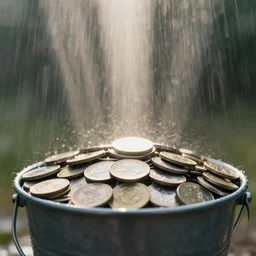 a picture of a pile of coins in a bucket in the heavy rain, god rays, 50mm