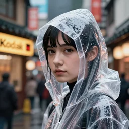 Kodak Portra 400, 8K, highly detailed, wachowski seinen manga 3/4 closeup portrait, eye contact, focus on clear transparent raincoat replicant girl model, tilt shift zaha hadid style anime background: famous blade runner anime remake, tokyo izakaya scene