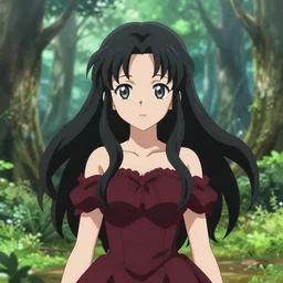 isekai enchanted forest cute bombshell anime druid with flowing black hair, burgundy dress. green palette symmetrical face. symmetrical detailed defined eyes. beautiful lineart. bokeh pixiv # 1 ranking depth of focus, chromatic aberration, noise, soft lighting, srgb, 4 k, by rembrant kuvshinov ross tran