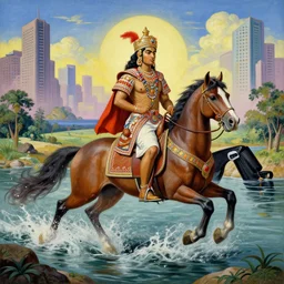 a exotic metro pollynsdian warrior riding a horse through a river, painted by jorgihno gisbana and takashi tokyo, style of ultra capitalism surealism