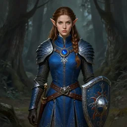 portrait girl, scalemail, blue surcoat, elf long weaving brown hair, round blue medallion, leather gloves, wide belt scabbard, shield, dark forest, dnd fantasy, intricate, digital painting, artstation, concept art, matte, sharp focus, illustration, hearthstone, art by loes romero, artgerm, mucha
