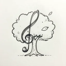 single line ink pen drawing of an acorn that turns into a tree in the shape of a treble clef with a few scattered leaves, simple and clean thick lines