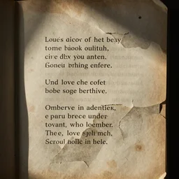 a single torn page with a love poem written in ink, paper is weathered and stained while the text is smudged worn disintegrated discolored, seen from front