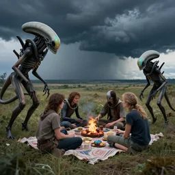 fire opal, still frame from'venus xenomorphs picnic in storm'movie by rembrandt, xenomorphs in stormy venus landscape by malczewski, rural xenomorphs on landscape by jakub rozalski, xenomorphs on picnic by giger