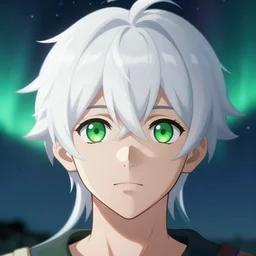 white haired young guy with wide green eyes on the moon, aurora, stunning anime face portrait, high symmetry, close look, octane engine, makoto shinkai, genshin impact, art, hyper detailed, close shot, light blur