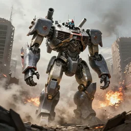 a giant bipedal robot ( imperator titan'4 0 k ) of death with huge canon as arms, short torso, tiny head, walking in the smoke of a destroyed city, explosions dust smoke, concept art by emmanuel shiu and ruan jia and john berkey, trending on artstation