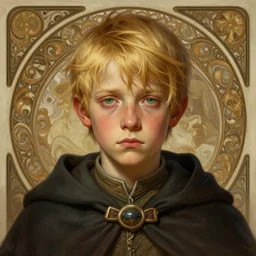 portrait of a halfling boy, tired eyes, street rat, blonde hair, green eyes, wearing a dark cloak, intricate, elegant, highly detailed, my rendition, digital painting, artstation, concept art, smooth, sharp focus, illustration, art by artgerm, greg rutkowski and alphonse mucha and uang guangjian, gil elvgren, symmetry