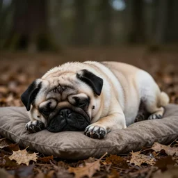 adorable sleeping pug lying on a pillow of dried leavesin a dark forest, detailed illustration in dotted, black and white, in the style of gustave dore's dante's inferno