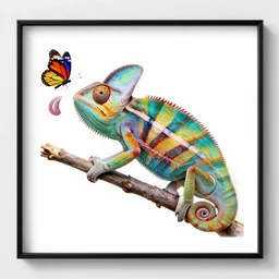 a chameleon art print in rainbow colors with his tongue out catching a butterfly