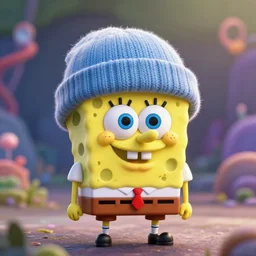 spongebob in a beanie, photorealistic, 8 k resolution, soft focus, depth of field, bokeh, fantasy