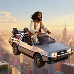 3 d vfx art of an african jesus jesus riding in a flying delorean over the city, back 2 the future, art style by ernie barnes & drew struzan, unreal engine render, digital illustration, sharp, intricate detail, global illumination, ray tracing, golden hour, pinterest, artstation, behance