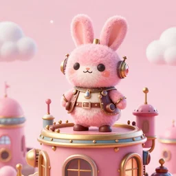 shaggy furry round rabbit with steampunk outfit, standing in the top of a steampunk building, art by ovopack, tatsuro kiuchi, yoji shinkawa, cute, cartoon, 3 d art, 8 k, c 4 d, unreal engine, fantasy, pink color scheme, perfect lighting, smooth, digital art, concept art, trending on artstation