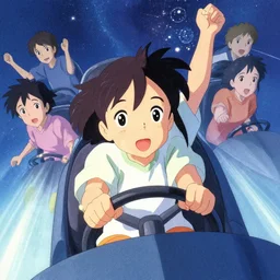 dithered portrait from a distance of a young girl driving away in space, colorful, cute face by ilya kuvshinov, yoshinari yoh, makoto shinkai, katsura masakazu, dynamic pose, mads berg, ( kyoani ), rounded eyes, illustration, anime poster, anime visual, shading