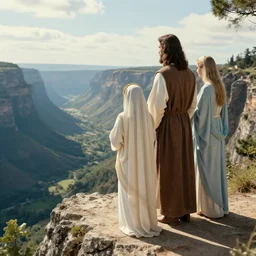 jesus and mary magdalene standing on a cliff looking over a beautiful landscape, paradise