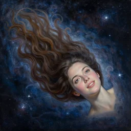 a woman floating in space whose hair trails off into the milky way. stars and swirls of light. beautiful detailed face, hopeful expression. beautiful well composed uplifting painting with dramatic lighting by artgerm and greg rutkowski and ilya kuvshinov