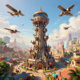A giant steampunk tower rises to the heavens surrounded by a multicolored marketplace, flying in the sky are steampunk aircraft