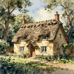a peaceful scene with old thatched cottage nestling amongst the trees, watercolor