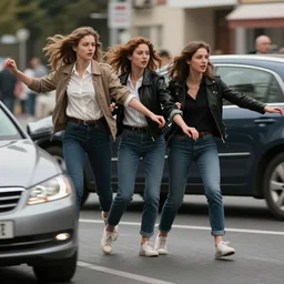 pretty women dodging a moving car, photorealistic, in the style of greg rutkowski, detailed face, full body