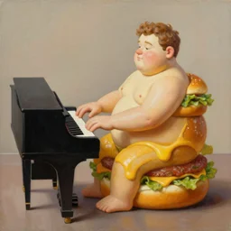 a painting of a fat man playing a piano in the shape of a cheeseburger