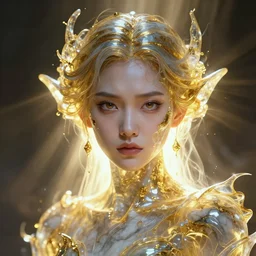a frontal face portrait of transparent and beautiful elegant elemental pissed right off genetically engineered asian female nerd entity, made of marble and gold + Ultra realistic! 25mm f/1.7 ASPH Lens  + dissolving in to light + backlit + incredible lighting+ strong rim light + highly detailed + god rays + digital painting + HDRI, by Alvaro Castagnet, Peter Mohrbacher and Dan Mumford, vivid colors, high contrast, 8k resolution, intricate, photorealistic, smooth