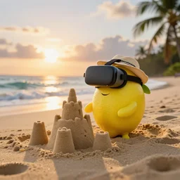 5 0 mm photograph, of a real anthropomorphic lemon cartoon character, it has lemon skin texture, it's wearing a hat and a vr head, building a sandcastle on the beach at sunset, beach, waves, sun, clouds, tropical trees, rim light, sand, sandcastle, volumetric lightening, pentax k 1 0 0 0