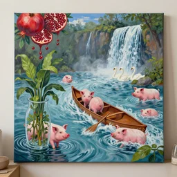 emo art student in her apartment, a river flooding inside, pigs, plants in glass vase, pork, water, river, rapids, canoe, pomegranate, berries dripping, waterfall, swans, acrylic on canvas, surrealist, by magritte and monet