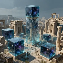 ancient city ruins with cubes made with water where you can see colorful stars in space through them, matte painting, concept art, 4 k