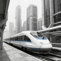 futuristic city center with 890J maglev train in background, modern landscape architectural design for brutalist industrialpunk black and white concrete and glass, train with maroon, white and teal metallic accents, gorgeous lighting, cyberpunk, 2077, dramatic lighting and composition, 8k, concept art, artstation, trending on artstation, slightly isometric, single line, central focus, minimalistic composition, side profile, Tokyo, JR sc Maglev, TGV, Eurostar