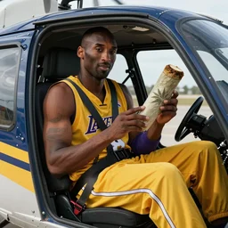 A picture of Kobe Bryant sitting in the cockpit of a helicopter and holding a giant marijuana joint, hyper detailed, 8k resolution