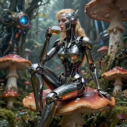 photo of an intricate and sophisticated terminator woman with borg enhancements, blonde hair, metallic face plating with red lips, sitting on a giant mushroom in a weird magical mechanical forest and drinking a cup of tea. Very detailed 8k. Fantasy cyberpunk horror. Sharp. Unreal 5 render with nanite, global illumination and path tracing. Cinematic post-processing