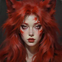 a beautiful woman with red fur growing from her face, painted by artgerm and tom bagshaw, fantasy art, dramatic lighting, highly detailed oil painting