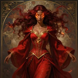 Portrait of a beautiful sorceress, alone!!, dnd, d&d, Red robes, golden accents, crimson clothes, corset, young, dark red hair, dark skin, fire eyes, floating, detailed face, highly detailed, high fantasy, matte painting, by Krenz Cushart and Artem Demura and alphonse mucha, artstation, HD, 4K, midjourney