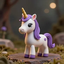 the cutest little polymer clay unicorn with purple hair and a magic horn, unreal engine, bokeh