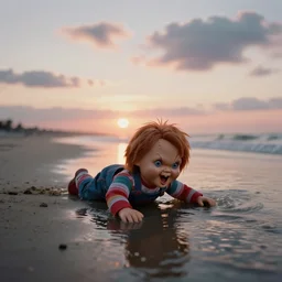 wide angle photograph of screaming chucky doll crawling out of water on beach under beautiful sunset clouds realistic cinematic ektar 1 6 0