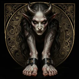 portrait of a demon wearing toe shoes ( vibram five fingers ), digital art, grim - lighting, high - contrast, intricate, elegant, highly detailed, centered, digital painting, artstation, concept art, smooth, sharp focus, illustration, annie leibovitz, greg rutkowski, alphonse mucha, karol bak, magalie villeneuve