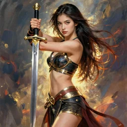 hyper realistic warrior girl with sword in her hand, full body, rule of thirds, human proportion, good anatomy, beautiful face, conceptart, saturated colors, cinematic, vallejo, frazetta, royo, rowena morrill,